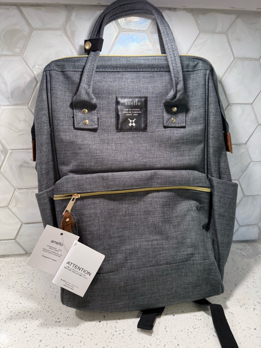 Authentic Anello Classic "Kuchigane" Backpack – Heather Grey NWT Wide Opening